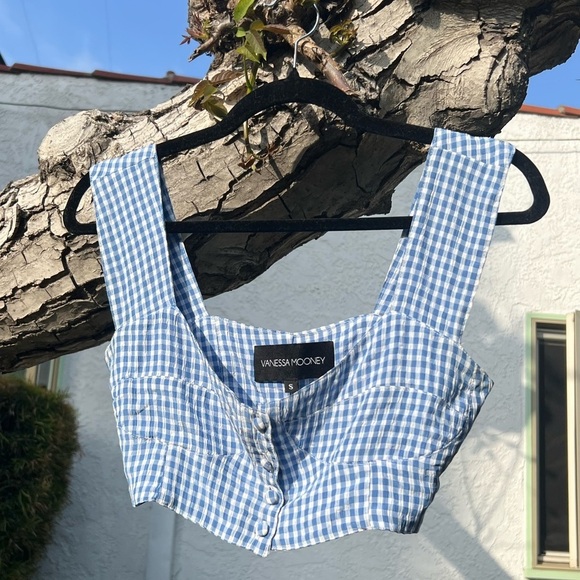 Vanessa Mooney Elisabeth Bustier Corset Crop Top S | Blue & White Gingham Print - Picture 1 of 14